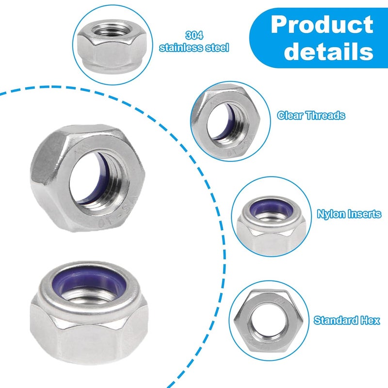 Yinpecly 100PCS M6 Locknuts M6x1.0mm Nylon Insert Hex Lock Nuts 304 Stainless Steel Metric Self-Locking Nylon Lock Nut for Industrial Construction Fasteners - Image 3
